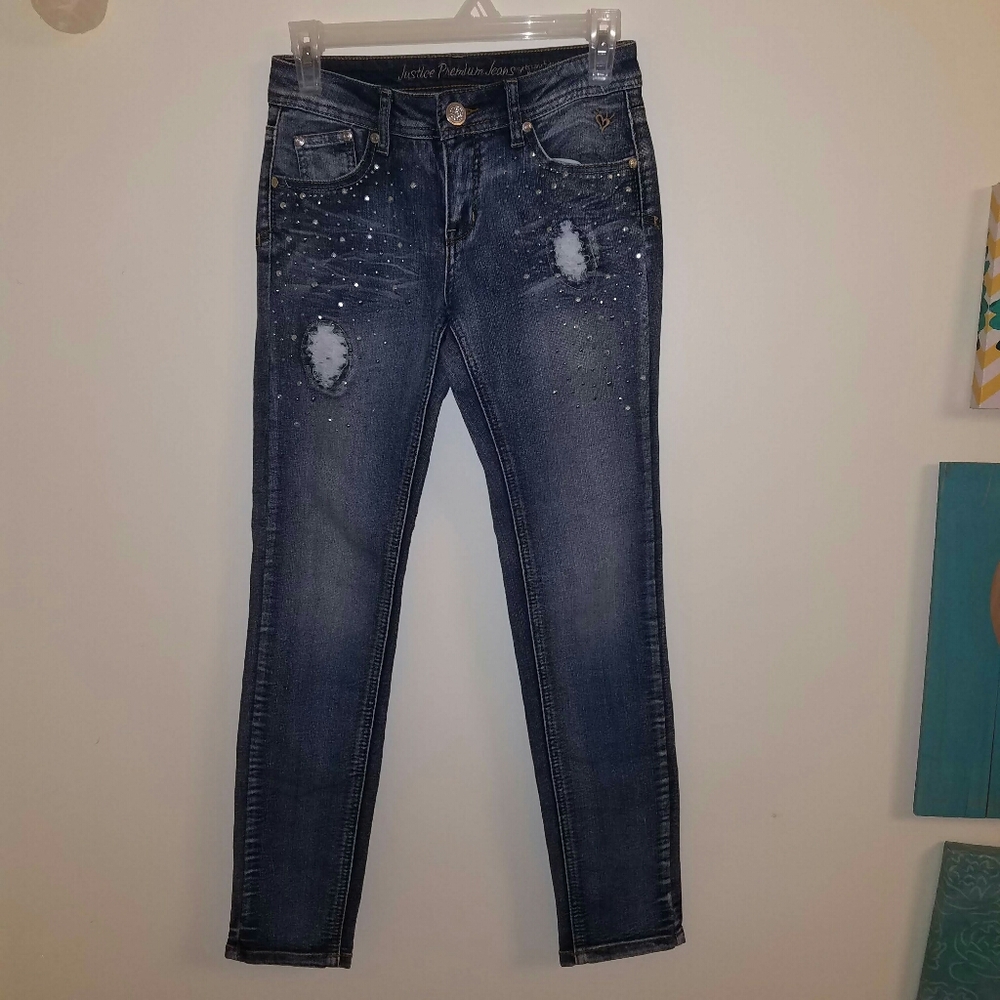 Distressed and Bejeweled Justice Skinny Jeans
